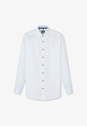 Wit herenenoverhemd met lange mouwen, zwarte knopen en lichtblauw patroon aan de binnenkant van de kraag, moderne pasvorm, formele stijl.