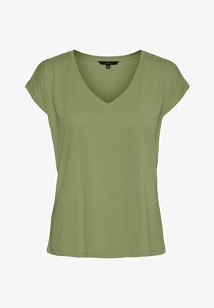 T-shirt col en V vert olive en tissu doux, avec manches courtes et coupe décontractée. Design sans coutures avec un ourlet droit.