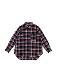 Camisa de manga larga a cuadros en rojo, negro y teal, con un cuello abotonado y un bolsillo en el frente. Tejido suave con un ajuste relajado.