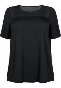 Top nero a maniche corte da donna con inserto trasparente e scollo rotondo, realizzato in tessuto leggero e traspirante.
