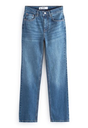 Blå denimjeans med lige ben, fem lommer og knaplukning i taljen.