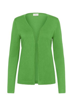 Cardigan vert à manches longues, ouvert sur le devant, avec un col en V et un ourlet droit, fabriqué en tissu tricot léger.