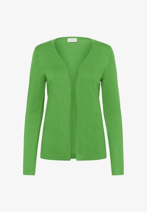 Cardigan vert à manches longues, ouvert sur le devant, avec un col en V et un ourlet droit, fabriqué en tissu tricot léger.