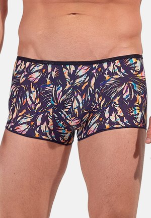 Herrenshorts mit navyblauem Grundton und einem lebhaften Blattmuster in Pink, Orange und Blau, ergänzt durch einen schwarzen elastischen Bund.