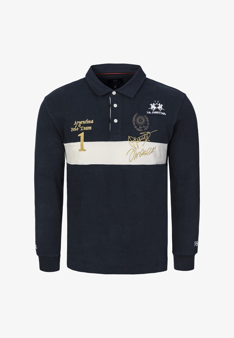 Navy long-sleeve polo shirt, featuring a white horizontal stripe, embroidered logo, gold accents, and a three-button placket.