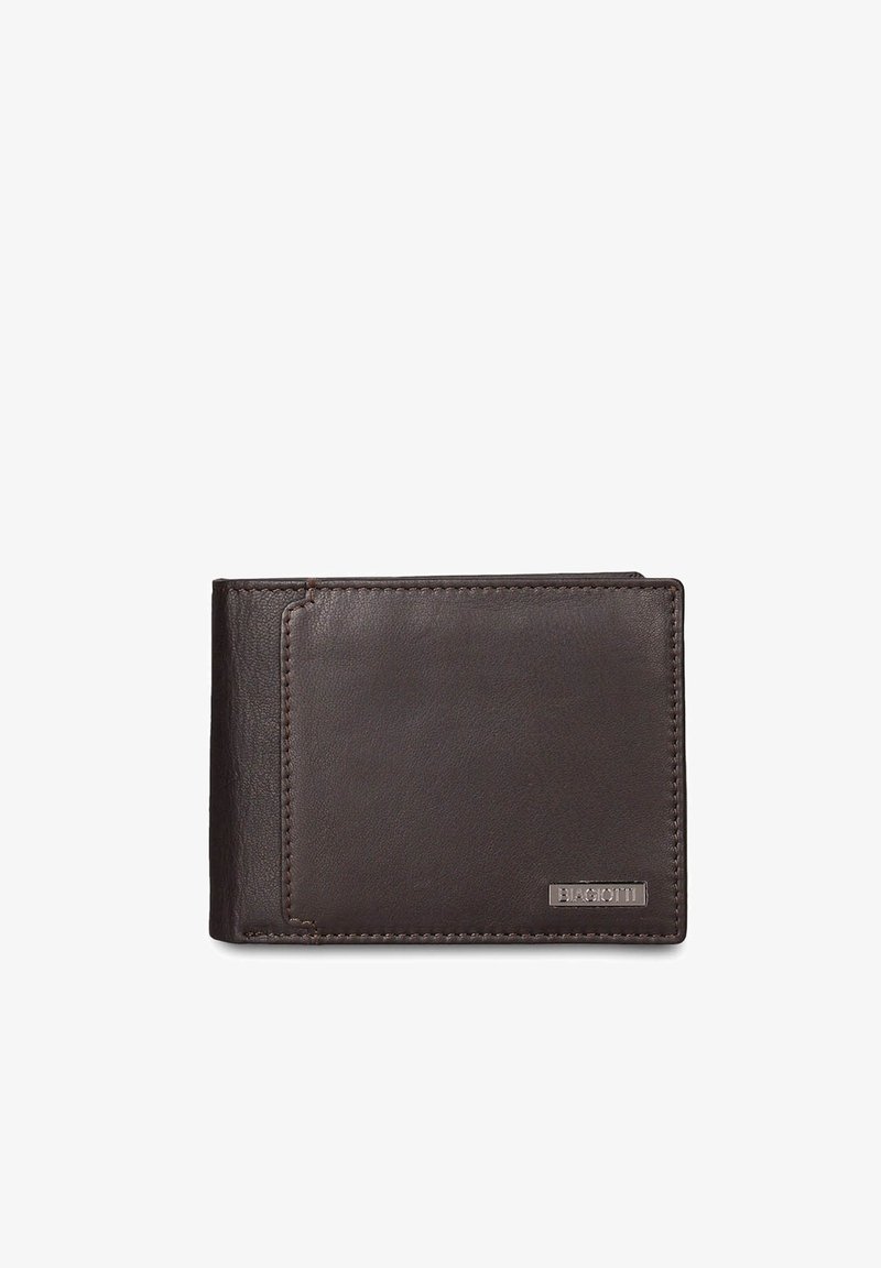 Portafoglio marrone in pelle con una texture liscia, design a doppia piega, logo in rilievo come dettaglio e uno scomparto porta carte sul davanti, con cuciture ordinate.