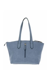 Sac fourre-tout bleu clair en matériau texturé, avec deux poignées, un compartiment zippé et des accents en noir.