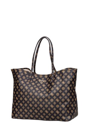 Large black tote bag made of textured synthetic material, featuring a repeating gold pattern and dual shoulder straps. Logo prominently displayed.