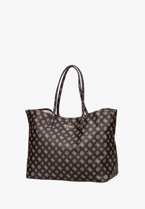 Large black tote bag made of textured synthetic material, featuring a repeating gold pattern and dual shoulder straps. Logo prominently displayed.