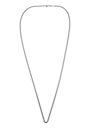 Collana in metallo argentato con un design liscio e piatto caratterizzato da motivi ovali interconnessi, completata da una chiusura sicura.