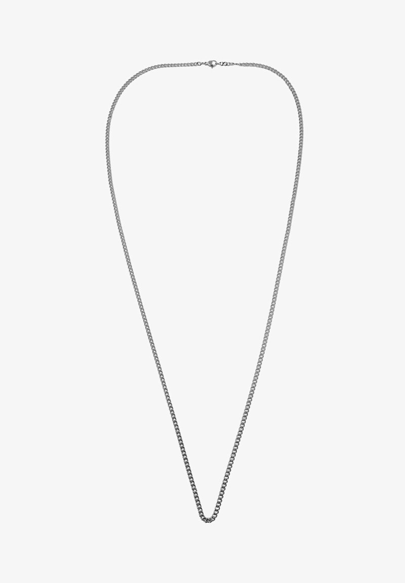 Hõbedane metallketi kaelakee, millel on sile, lame disain, koos üksteisega seotud ovaalsete musteritega, lõpetatud kindla lukustusmehhanismiga.