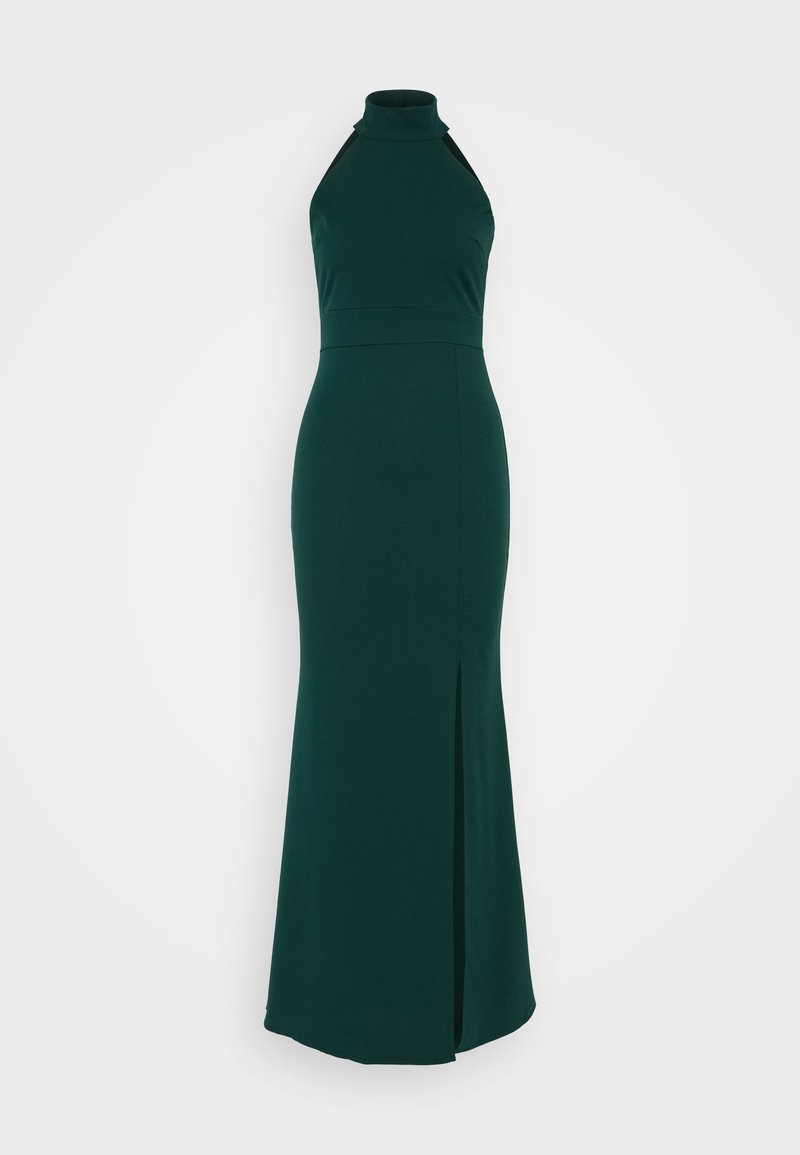 Robe longue ajustée sans manches en vert profond, fabriquée en tissu lisse, présentant un col haut, une silhouette élégante et une fente sur le côté.