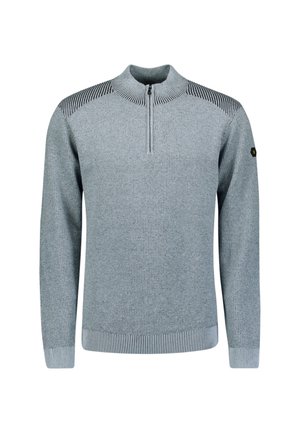 Lichtgrijze gebreide trui met lange mouwen, halve ritssluiting kraag en zwart gestreepte details op de schouders, manchetten en zoom.