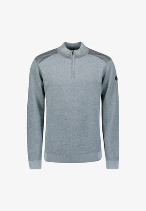 Lichtgrijze gebreide trui met lange mouwen, halve ritssluiting kraag en zwart gestreepte details op de schouders, manchetten en zoom.