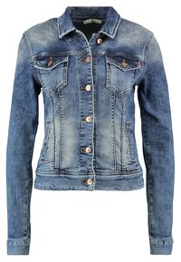 Blue denim jacket with a collar, long sleeves, two front pockets, and copper-colored buttons. Distressed texture with light fading details.