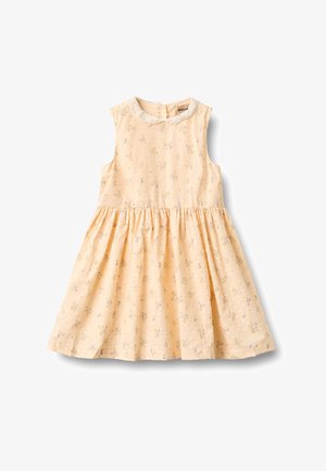 Rochiță fără mâneci pentru toddler, de culoare piersică, cu model mic floral și guler alb de dantelă, talie adunată și închidere cu nasturi la spate.