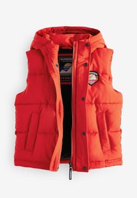 Gilet rembourré rouge avec capuche, présentant une fermeture éclair, des poches avant et des patches de logo à l'intérieur. Texture extérieure lisse, design isolé.