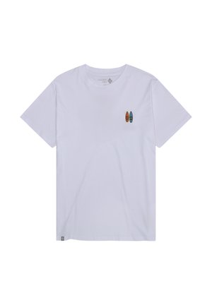White short-sleeve crew neck t-shirt with small embroidered orange and blue surfboards on the left chest.
