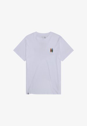 White short-sleeve crew neck t-shirt with small embroidered orange and blue surfboards on the left chest.