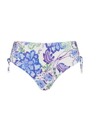 Witte bikinibroekjes met blauwe, paarse en groene bloemprint, met verstelbare zijstrikjes aan beide heupen.