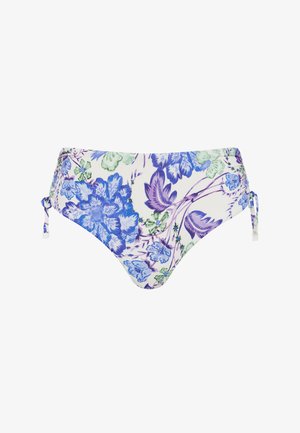 Witte bikinibroekjes met blauwe, paarse en groene bloemprint, met verstelbare zijstrikjes aan beide heupen.