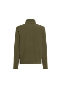 Giacca in pile verde oliva con colletto alto e maniche lunghe. Tessuto liscio, orlo dritto in vita e dettagli minimi.