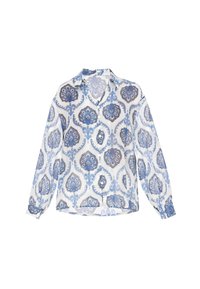 Langärmlige Bluse mit weißem Grund, aufwendigen blauen und grauen Blumenmustern, durchgehender Knopfleiste und Kragen.