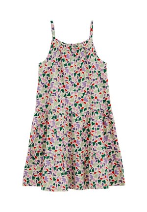 Rochie fără mâneci cu volane și decolteu adunat, cu bază bej și model multicolor cu inimi și frunze în roșu, mov, verde și lavandă.