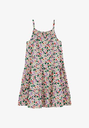 Ujjatlan, réteges ruha húzott nyakkivágással, bézs alapon több színű szív- és levélmintával piros, lila, zöld és levendula színekben.