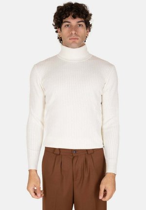 Maglione a collo alto bianco a coste con maniche lunghe, abbinato a un corpo aderente. Indossato con pantaloni marroni. Design semplice, tessuto testurizzato.