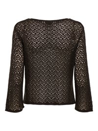 Schwarzer langärmeliger Häkelstrickpullover mit filigranem Lochmuster und leicht ausgestelltem Ärmeldesign.