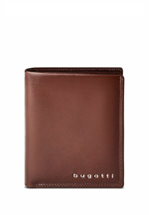 Bruine leren bifold-portemonnee met zichtbare stiksels en een zilveren Bugatti-logo rechtsonder tegen een witte achtergrond.