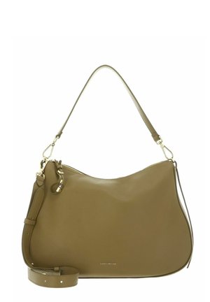 Olivgrüne Leder-Schultertasche mit goldfarbenen Beschlägen, abnehmbarem Riemen und "Coccinelle"-Logo in der Mitte vorne.