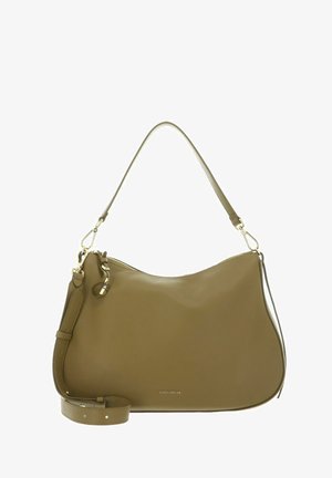 Olivgrüne Leder-Schultertasche mit goldfarbenen Beschlägen, abnehmbarem Riemen und "Coccinelle"-Logo in der Mitte vorne.