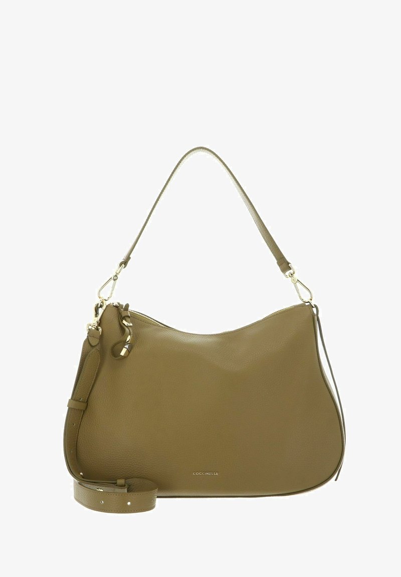 Sac bandoulière en cuir vert olive avec quincaillerie dorée, bandoulière détachable et logo "Coccinelle" au centre avant.