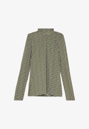Long-sleeve, turtleneck top featuring a green and purple geometric pattern. Made from a lightweight, smooth fabric with a fitted silhouette.
