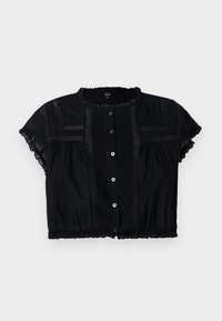 Blusa nera corta con maniche corte, bordi in pizzo, chiusura con bottoni e una texture plissettata con pannelli a motivo contrastante.