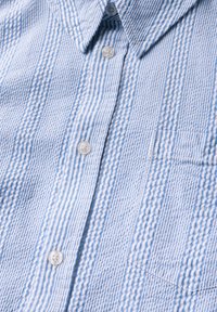 Blauw-wit gestreept overhemd met knoopsluiting, stoftextuur met een zak, klassieke kraag en heldere kunststof knopen.