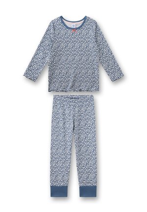 Blue long-sleeve pajama set with white floral pattern and a red bow detail. Top features a round neckline; pants have blue cuffs.