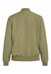 Veste bomber unie vert olive avec col, poignets et ourlet côtelés, vue de dos sur fond blanc.