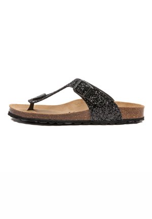 Sandales en plastique à paillettes noires avec une semelle en liège, une semelle en caoutchouc et une sangle à boucle ajustable. Texture lisse et design décontracté.