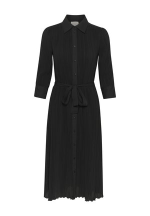 Musthave mustriga must-paita mustriga kraega, pikad varrukad, volditud tekstuur ja vöö sidumiseks talje kohal, ulatudes midiaatava pikkuseni.