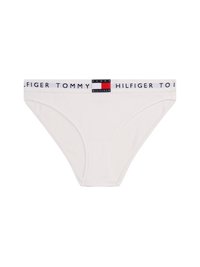 Witte katoenen bikinionderbroek met een branded elastische tailleband in marineblauw, rood en wit. Soepele textuur met een standaard fit.