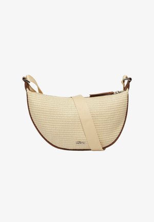Woven straw crossbody bag in cream with a brown leather base, featuring a zip closure and a wide beige strap. Smooth texture and curved shape.