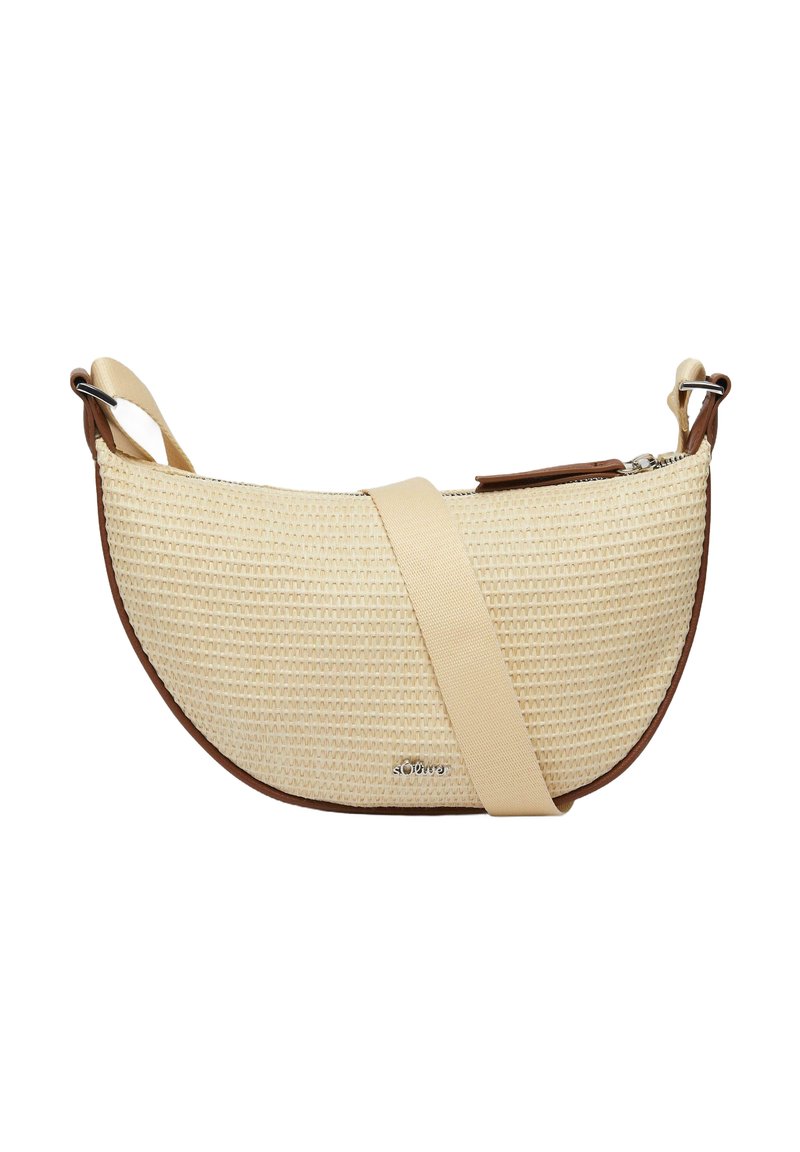 Woven straw crossbody bag in cream with a brown leather base, featuring a zip closure and a wide beige strap. Smooth texture and curved shape.