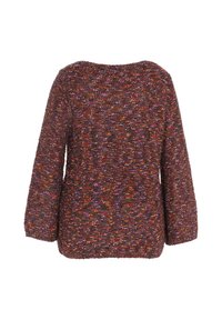 Stickad tröja i en flerfärgad textur, med en vid halsringning och långa ärmar. Dominerande färger inkluderar brunt, lila och orange fläckar.