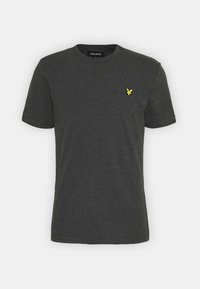 Mørkegrå kortærmet t-shirt lavet af bomuld, med rund halsudskæring og et lille gult ørn logo på venstre bryst.