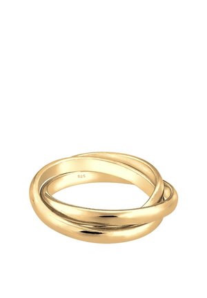 Trois anneaux lisses en or entrelacés formant une bague continue liée avec un poinçon en argent 925 à l’intérieur.
