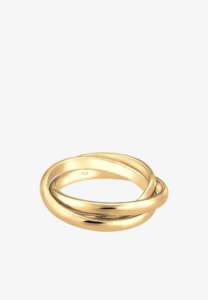 Trois anneaux lisses en or entrelacés formant une bague continue liée avec un poinçon en argent 925 à l’intérieur.