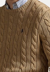 Maglione a cavo lavorato a maglia in marrone chiaro, con colletto a coste e un accento di logo sottile. Il motivo testurizzato aggiunge profondità al design.